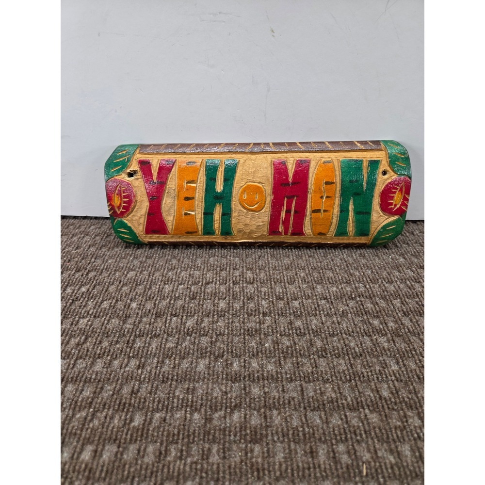 Hand Painted Carved Wood Yeh Mon Sign Tropical Tiki Bar Decor 12.5 x 4.5 Inch